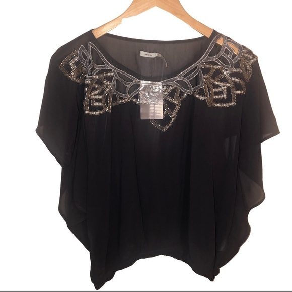 NWT Kimchi Blue Women’s Black Beaded Sheer Cutout Shirt Size Medium - Picture 1 of 7